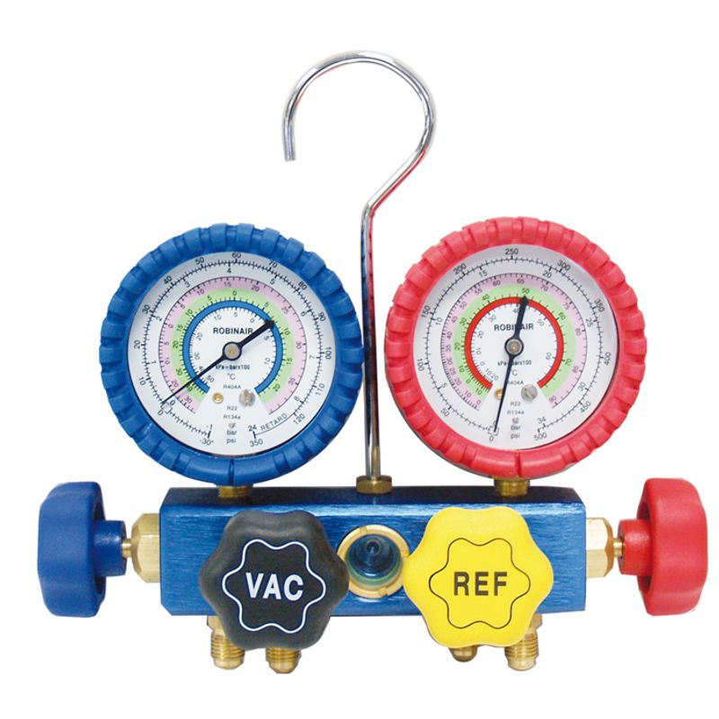 PREMIUM R134A 4 WAY MANIFOLD WITH GAUGE PROTECTORS ***HAS 1/4 MALE FITTING***