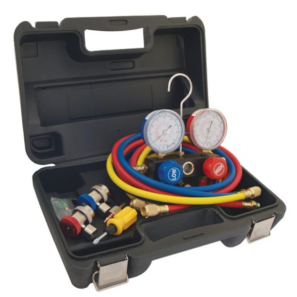 MANIFOLD SET R134a WITH 72″ HOSES & COUPLERS IN CARRY CASE